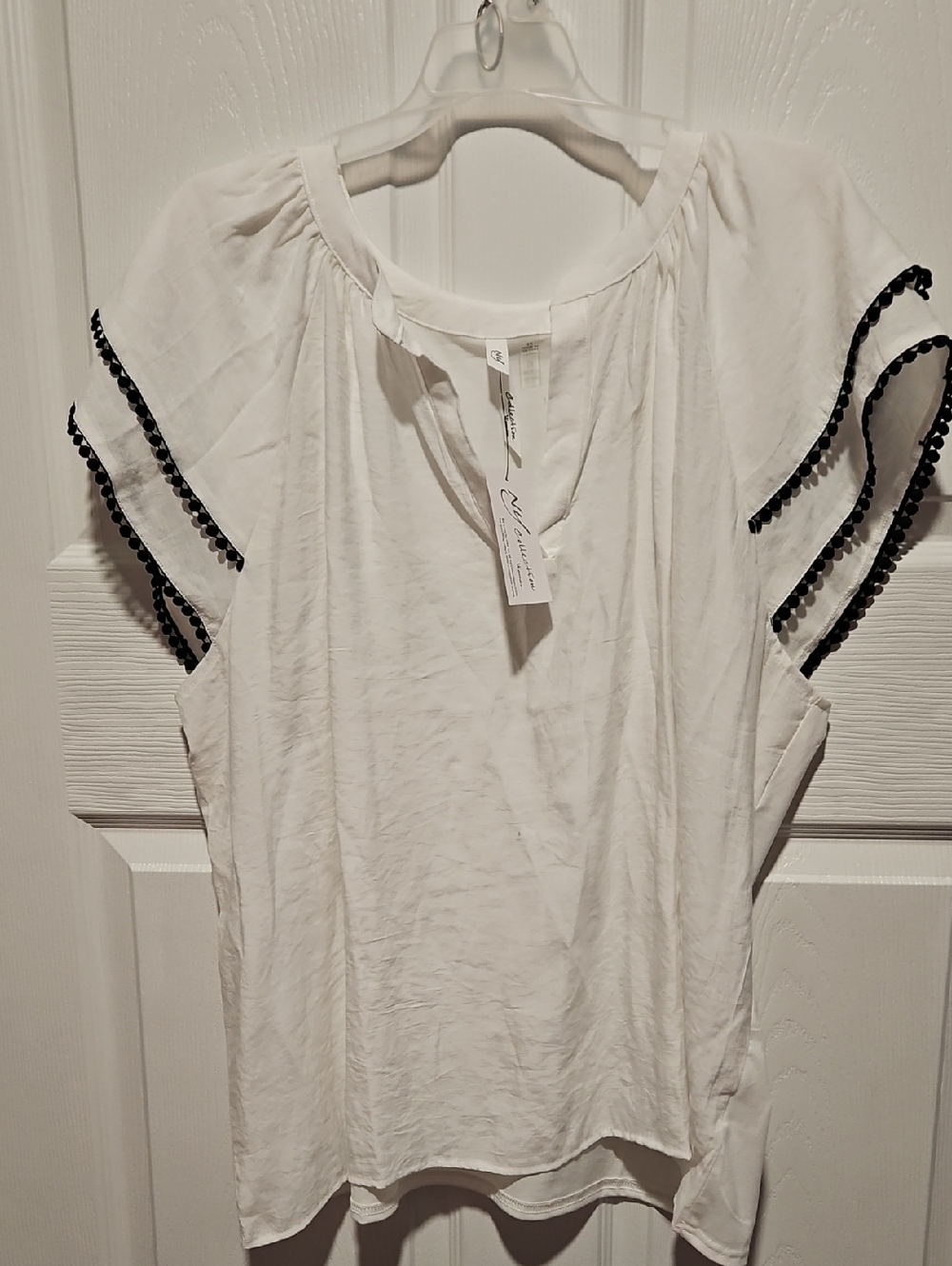 NY Collection White Flutter Sleeve Top with Black Pom Trim